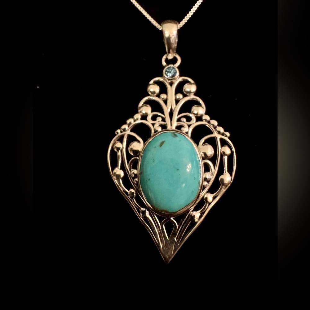 Sterling Silver genuine Turquoise Filigree‎ Pendant w/Blue aquamarine Stone